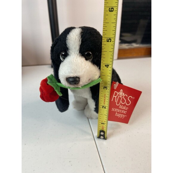 Russ Berrie 5” Black White Puppy Plush w/ Red Rose Small Valentine Gift Toy - Picture 2 of 16